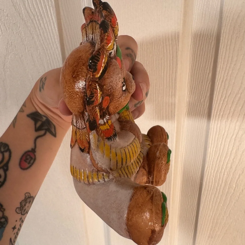 Vintage Hand Painted Ceramic Thanksgiving Teddy Bears Native American Figurine